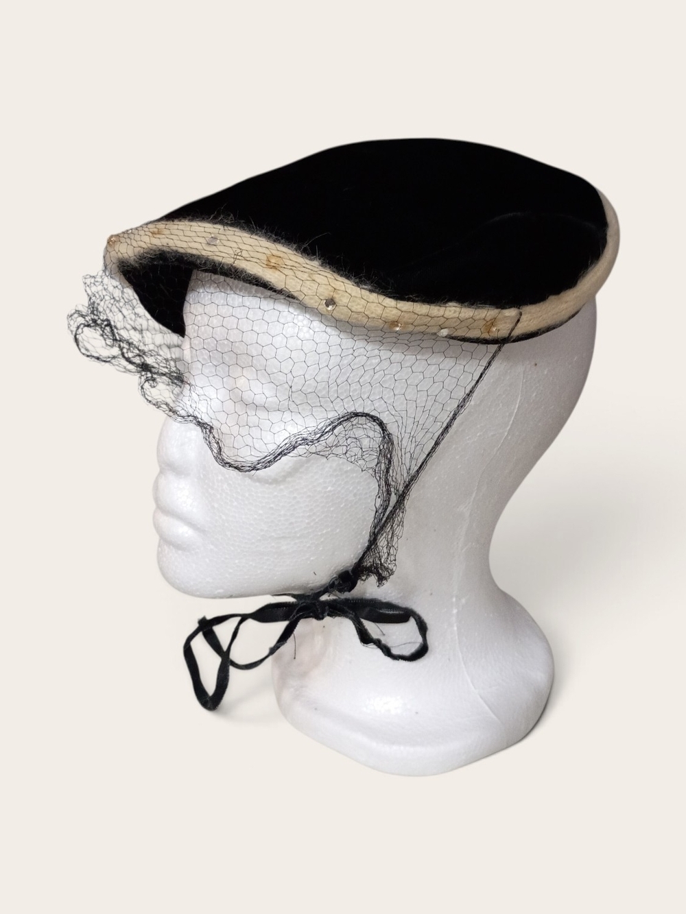 Vintage Black Velvet Pillbox Hat with Veil